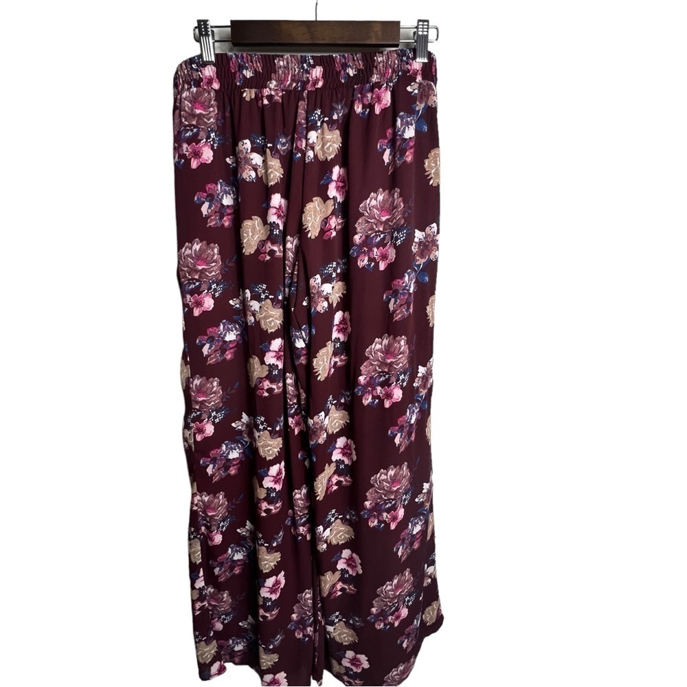 Belle Tweed Floral Palazzo Pants Women's Large Wide Leg Partial Lined Burgundy